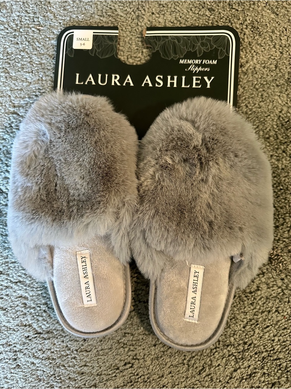 Laura Ashley Gray Plush Faux Fur Slide Slippers 5/6 NWT